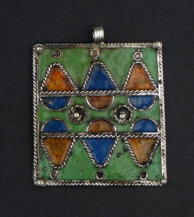 Green Rectangular Enameled Berber Pendant - The Bead Chest