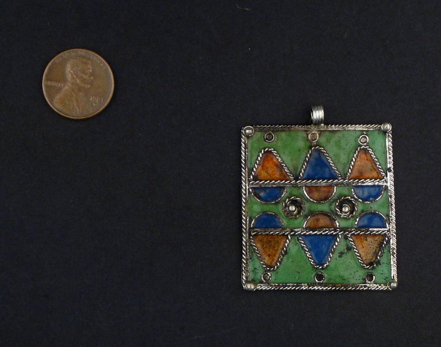 Green Rectangular Enameled Berber Pendant - The Bead Chest