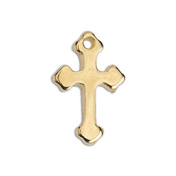 Gold small cross charm shown at a slight angle, with a smooth polished surface and edge detail