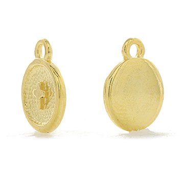 Gold plated round cross pendant shown from the side and back, with a smooth flat reverse and a top loop