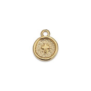24K gold plated round cross motif pendant, front view with raised cross on a dotted textured center and top loop