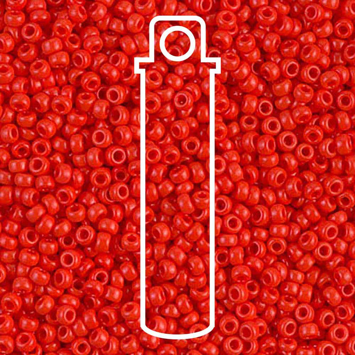Opaque vermillion red Miyuki 11/0 seed beads close-up with a white tube outline showing the 24g tube size