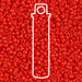 Opaque vermillion red Miyuki 11/0 seed beads close-up with a white tube outline showing the 24g tube size