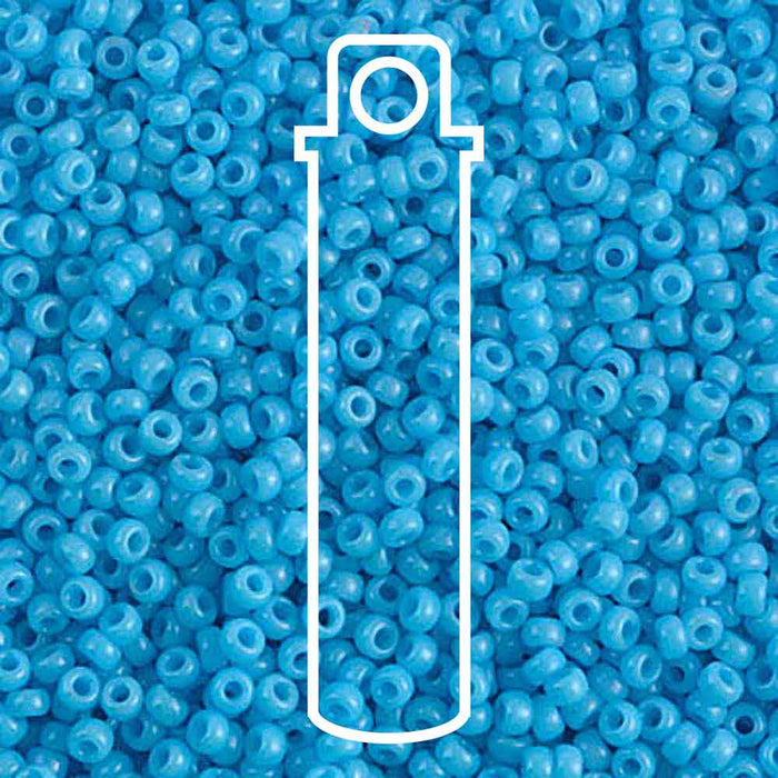 Opaque turquoise blue Miyuki seed beads #413, 11/0, close-up with a white tube outline marking the 23g tube