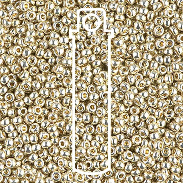 Duracoat galvanized silver Miyuki seed beads, 11/0 close-up with a tube outline overlay showing the 23.5g tube