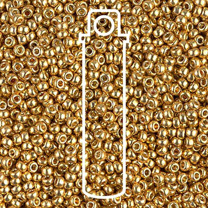 Duracoat galvanized gold Miyuki seed beads, 11/0 glass, shown up close with a white tube outline overlay