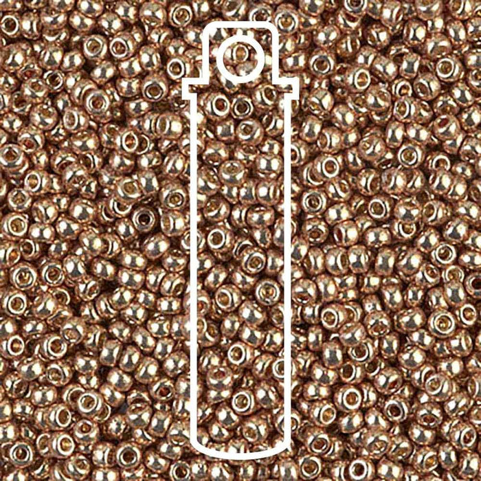 Duracoat galvanized champagne Miyuki seed beads, close-up of shiny gold beads with a white tube outline