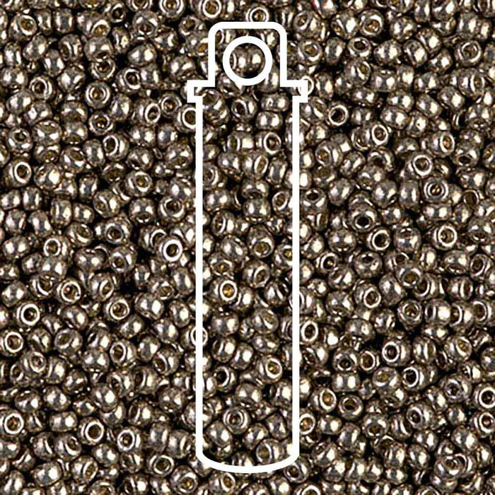Duracoat galvanized pewter Miyuki seed beads, close-up of metallic finish with a tube outline overlay