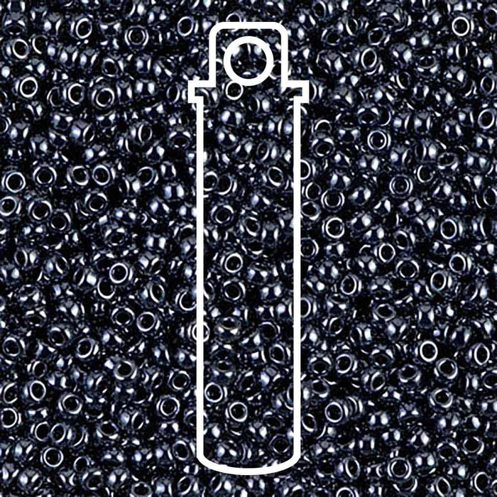 Gunmetal Miyuki seed beads, close-up of glossy dark grey 11/0 beads with a white tube outline overlay