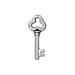 Antiqued silver pewter key charm with a trefoil clover-shaped bow, shown upright on a white background
