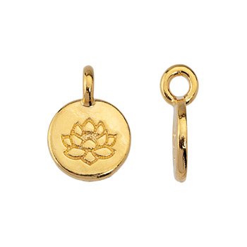 Gold plated lotus charm, front with lotus design beside a side view showing the top loop