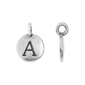 Round pewter alphabet charm with letter A in a smaller crop, front and edge-on side view