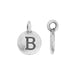 Pewter letter B charm in a closer crop, front face with raised B and side profile with loop