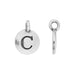 Round pewter letter C charm with stamped C and hanging loop, shown face-on beside a side profile