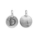 Antiqued silver alphabet charm letter D, front and smooth plain back side by side on white
