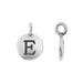 Antiqued silver alphabet charm letter E, front view beside a side view showing the round disc and top loop
