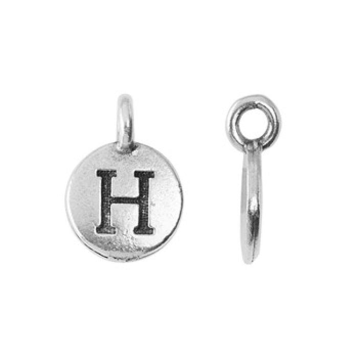 Antiqued silver alphabet charm letter H, front and side views on a white background