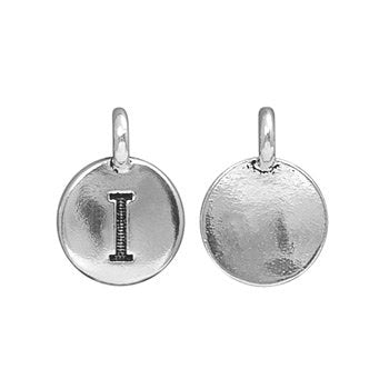 Round pewter letter I charm with loop, showing front and blank back in a tighter crop