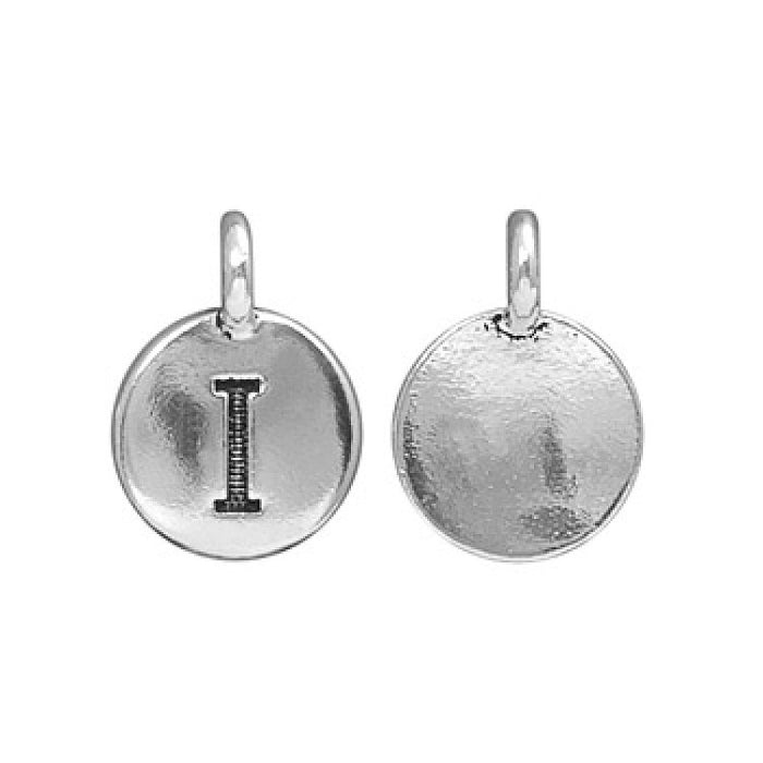 Antiqued silver alphabet charm letter I, front with stamped letter beside the plain back, on white