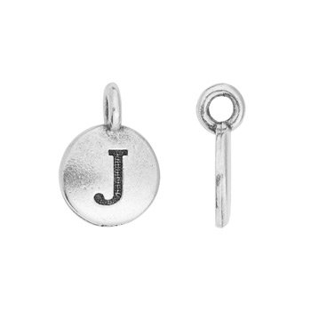 Pewter letter J round charm in a smaller crop with the front and the side profile of the jump ring loop