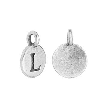 Letter L alphabet charm angled to show the stamped letter, next to the plain smooth back of the pewter disc