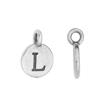 Silver letter L charm shown front and side on a white background, with a round hanging loop