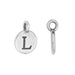 Silver letter L charm shown front and side on a white background, with a round hanging loop