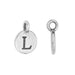 Antiqued silver pewter letter L alphabet charm, front view beside a side view showing the loop