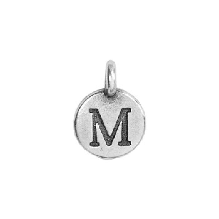 Antiqued silver alphabet charm letter M, round pewter disc with loop at top, front view