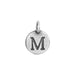 Antiqued silver alphabet charm letter M, round pewter disc with loop at top, front view