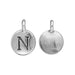 Antiqued silver letter N alphabet charm, front with raised N and smooth plain back side by side