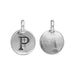 Antiqued silver pewter letter P charm, front with raised P and plain smooth back side by side