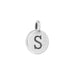 Single round silver charm stamped with letter S, front view with a small hanging loop at top
