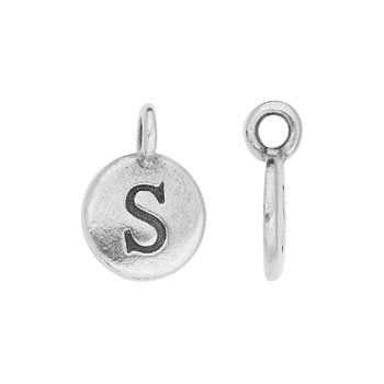 Pewter letter S charm in a smaller view with front face and side profile of the hole loop