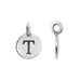 Round silver alphabet charm with letter T stamped on the face, shown beside its side profile and hanging loop