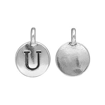 Round pewter alphabet charm with letter U on front and smooth back, tighter crop showing loop at top