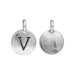Round pewter letter V charm in silver, showing stamped front and smooth back with top loop, tighter crop