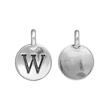 Round silver letter W charm with loop, showing stamped W face and smooth back in a tighter crop
