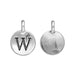 Round silver letter W charm with loop, showing stamped W face and smooth back in a tighter crop