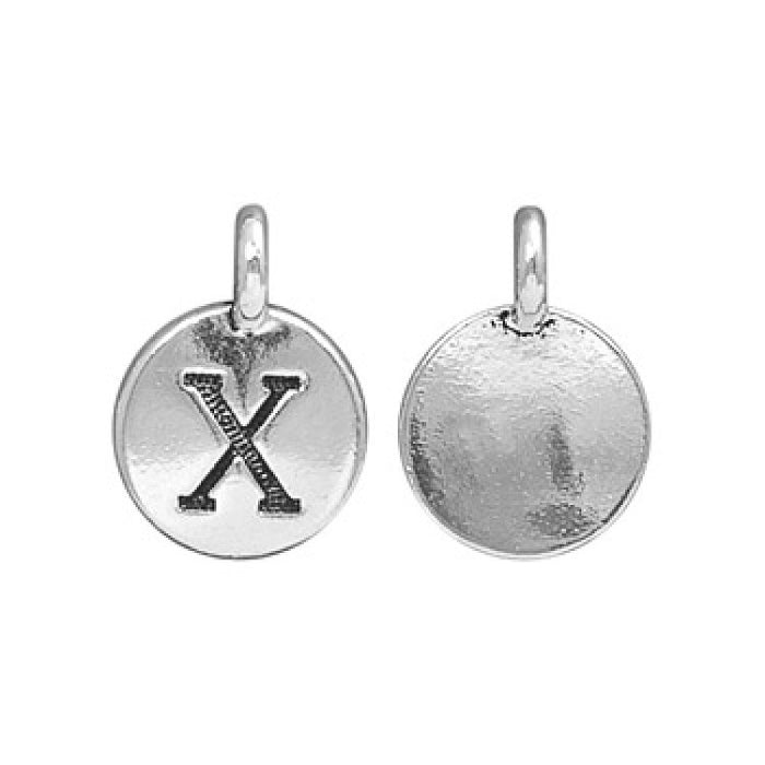 Antiqued silver pewter letter X alphabet charm, front and back views side by side on white