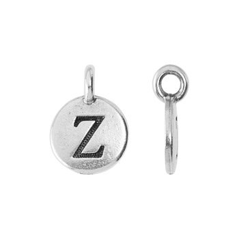 Round pewter alphabet charm with stamped letter Z beside its edge profile, smaller crop of the same view