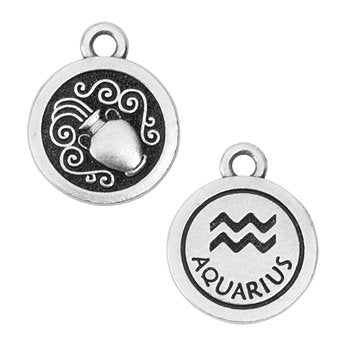 Round pewter Aquarius charm, both sides with water bearer jug on one and wave symbol on the other, tighter crop