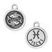 Round pewter charm showing two fish on one side and the Pisces glyph on the other, in a tighter crop
