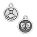 Front and back of Gemini zodiac pewter charm with antiqued finish, tighter crop on a white background