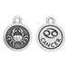 Antiqued silver Cancer zodiac charm showing a crab on the front and the Cancer symbol and name on the back