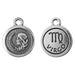 Both sides of a round pewter Virgo charm with loop, maiden portrait on the left and Virgo glyph on the right