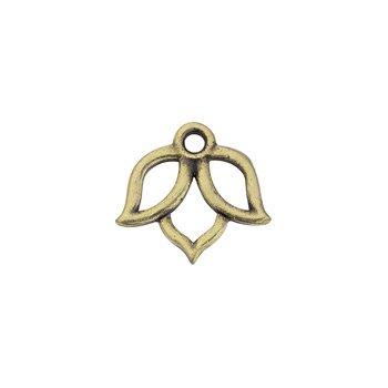 Antiqued brass open lotus charm, front view showing the cutout petals and top hanging loop