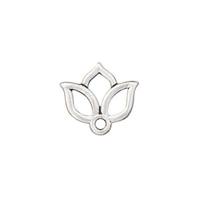Antiqued silver open lotus charm in pewter, front view with three outlined petals and a loop at the bottom