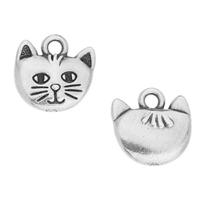 Antiqued silver whiskers cat charm showing the front face with whiskers and the smooth back side by side