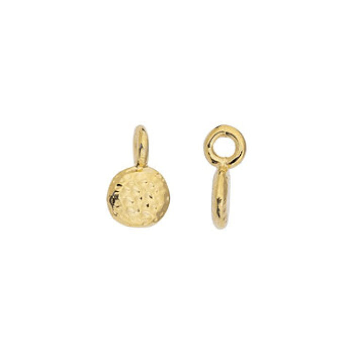 24K gold plated full moon charm, front and side views showing hammered texture and loop